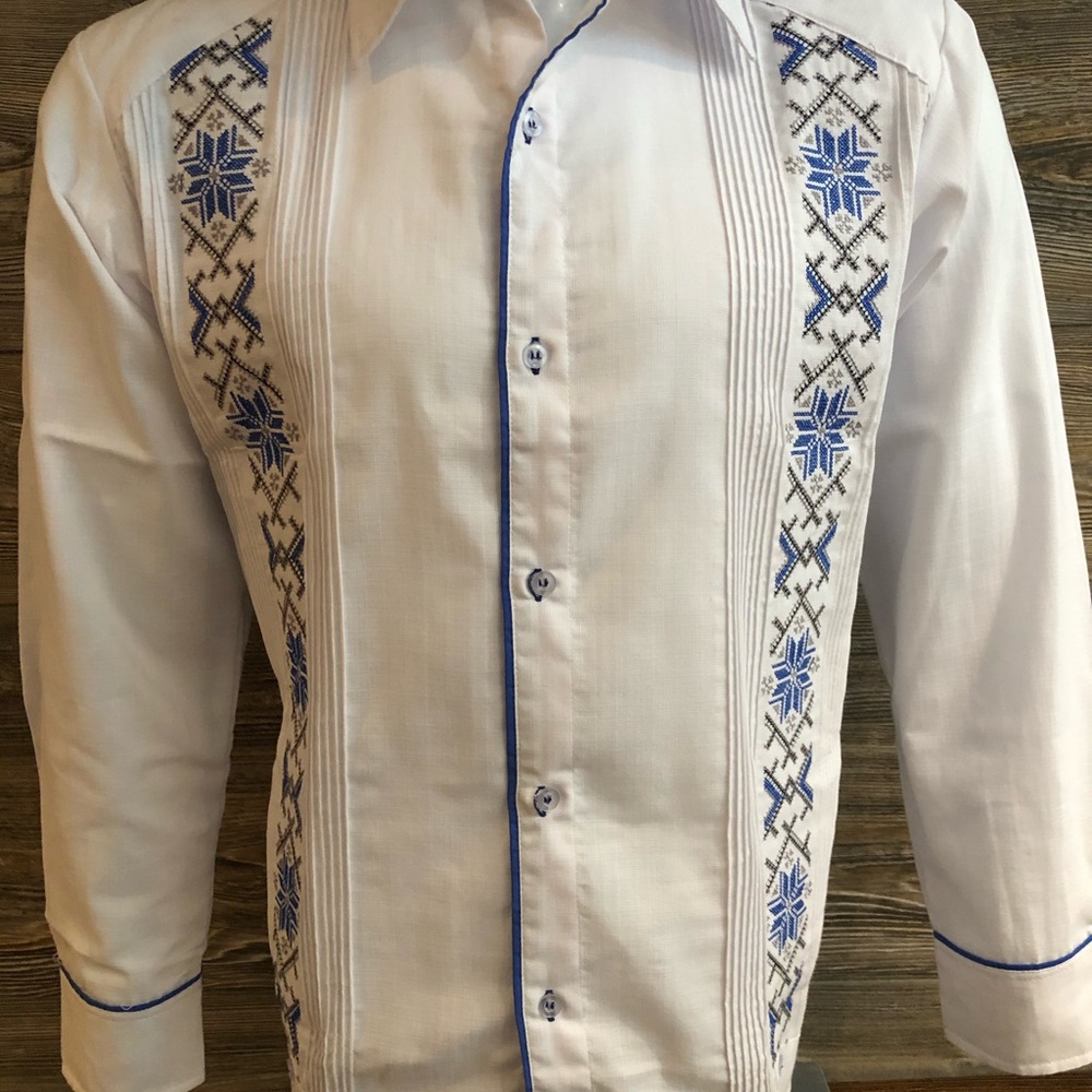 Mens Mexican Guayabera Wedding Shirt White Long Sleeve Double Blue Embroidery